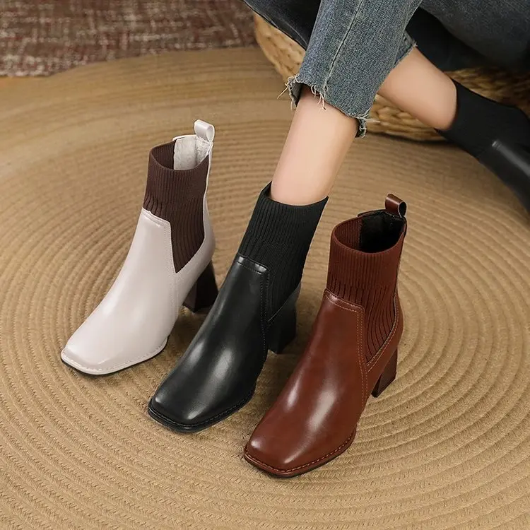 French retro square toe slim boots, high heeled knitted short boots, temperament, thick heeled socks boots 2025