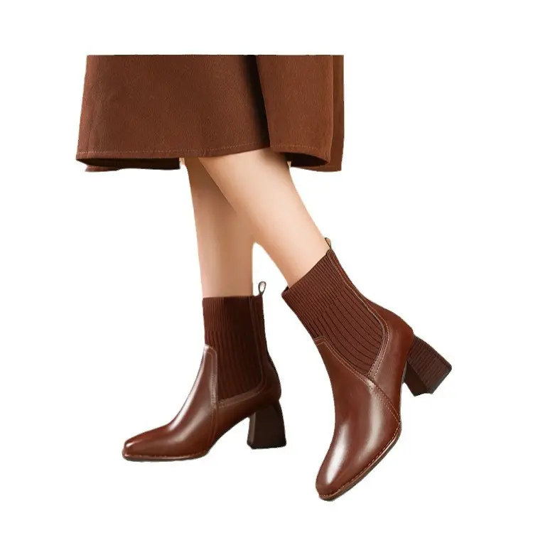 French retro square toe slim boots, high heeled knitted short boots, temperament, thick heeled socks boots 2025