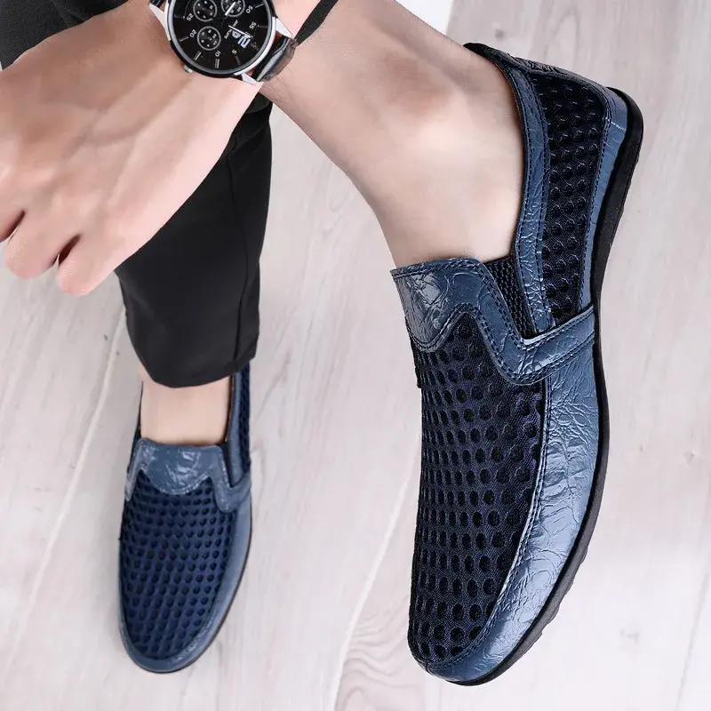 Men shoes  summer hollow fashion men casual shoes mesh breathable leather  men's fashion large size loafers men's