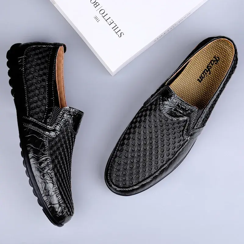 Men shoes  summer hollow fashion men casual shoes mesh breathable leather  men's fashion large size loafers men's