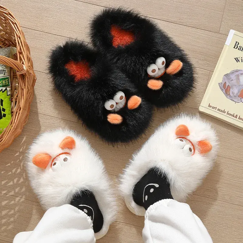 Women Cartoon Fluffy Soft Sole Home Slippers Winter Indoor Couples Cotton Slippers Woman Non Slip Flats House Warm Plush Slides