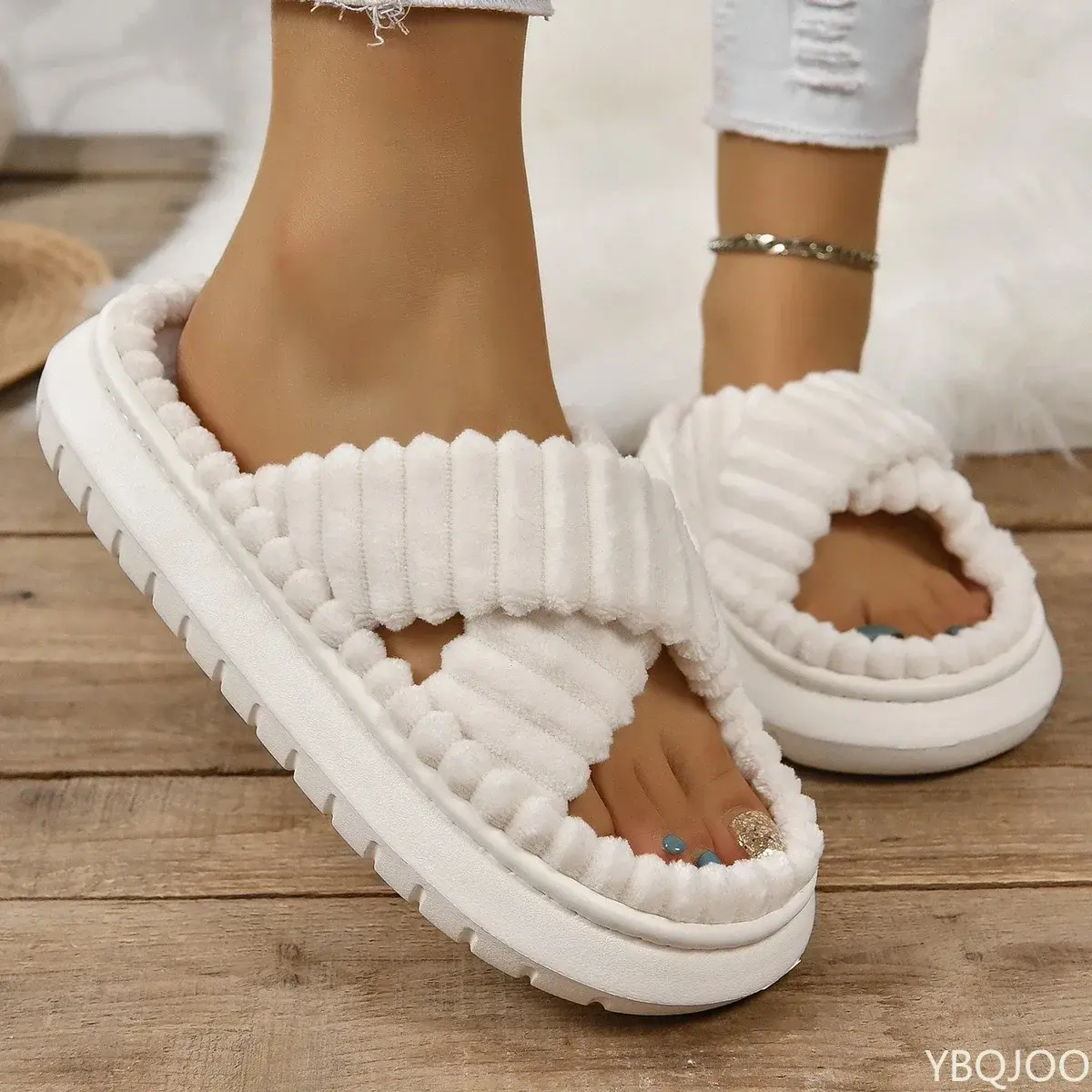 Autumn Winter Corduroy Home Slippers Women Cross Band Thick Soft Sole Slides Platform Shoes female Non Slip Indoor Slippers