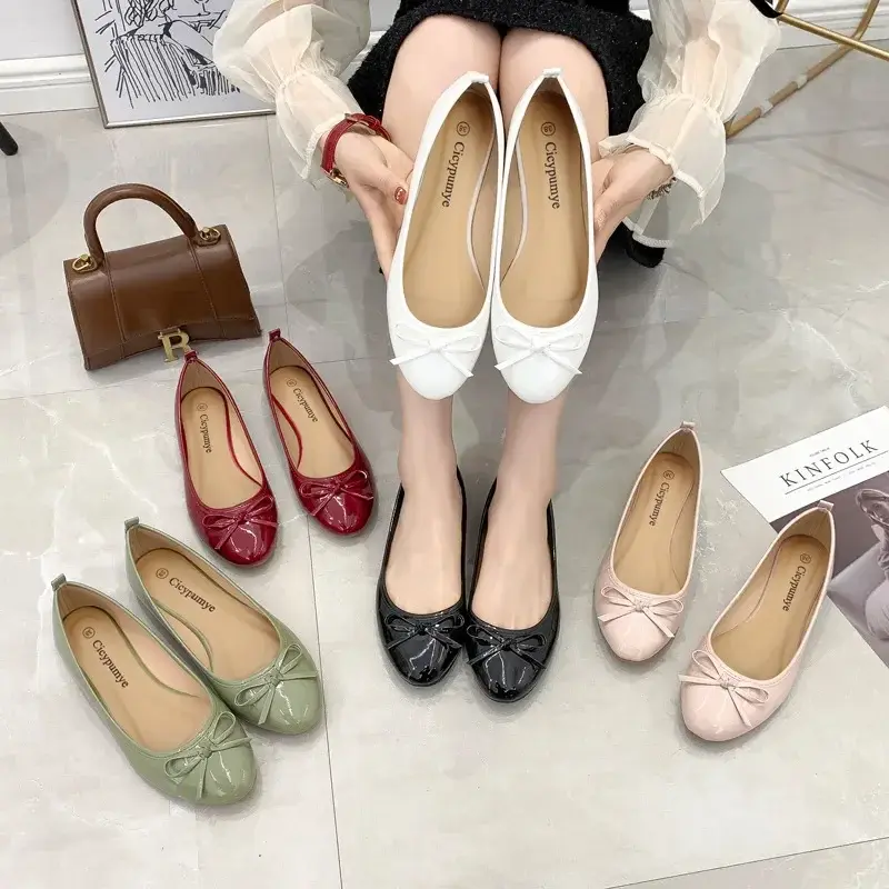Ballet Flats Shoes Women Classics Casual Loafers Red Patent Leather Lady Fashion Design Bowknot Shoes for Woman's Spring/Autumn