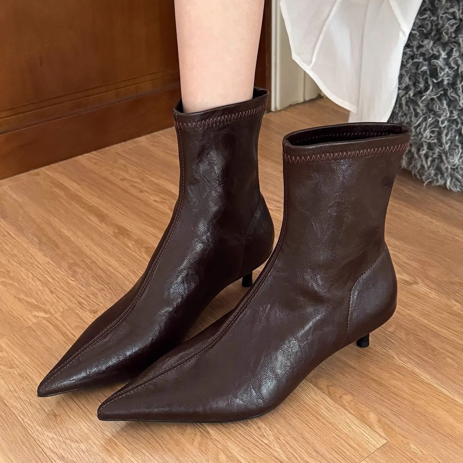 Pointed Toe Ankle Boots Women Fashion Side Zippers Short Boots Female Slim Thin High Heel Winter Women's Short Plush Footwear