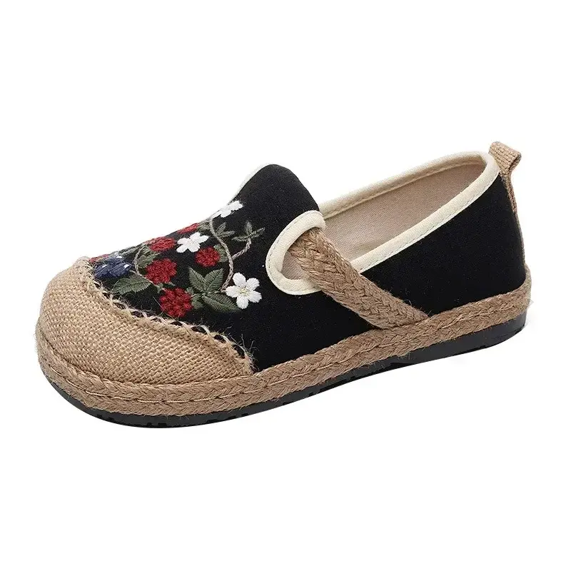 Women's Linen Canvas Shoes Retro Bohemian Slip-On Flat Comfortable Loafers Female Casual Embroidered Hemp Sole Sneakers