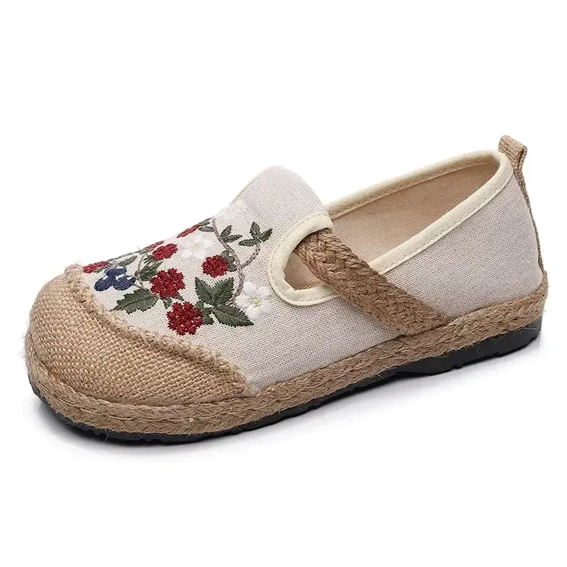Women's Linen Canvas Shoes Retro Bohemian Slip-On Flat Comfortable Loafers Female Casual Embroidered Hemp Sole Sneakers