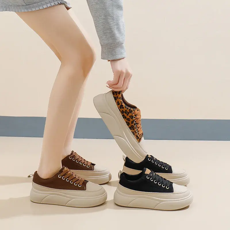 Women's Leopard Print Sneakers Spring New Thick Soled Sports Shoes Female Students Casual Board Shoes Fashion Lace Up Sneakers