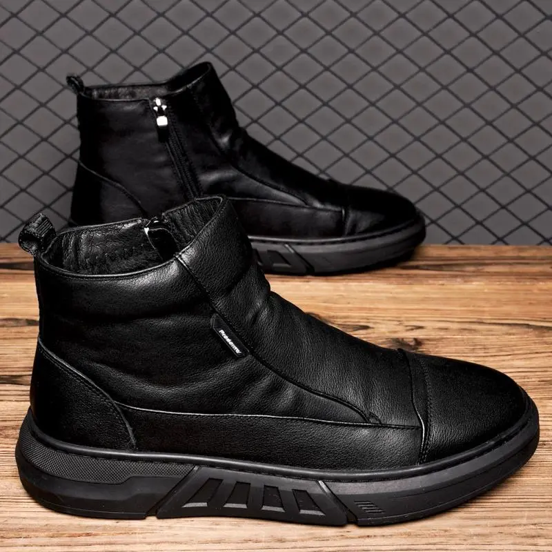 New Men Black Leather Boots Fashion High Top Leather Ankle Boots Motorcycle Lace-up Platform Casual Shoes