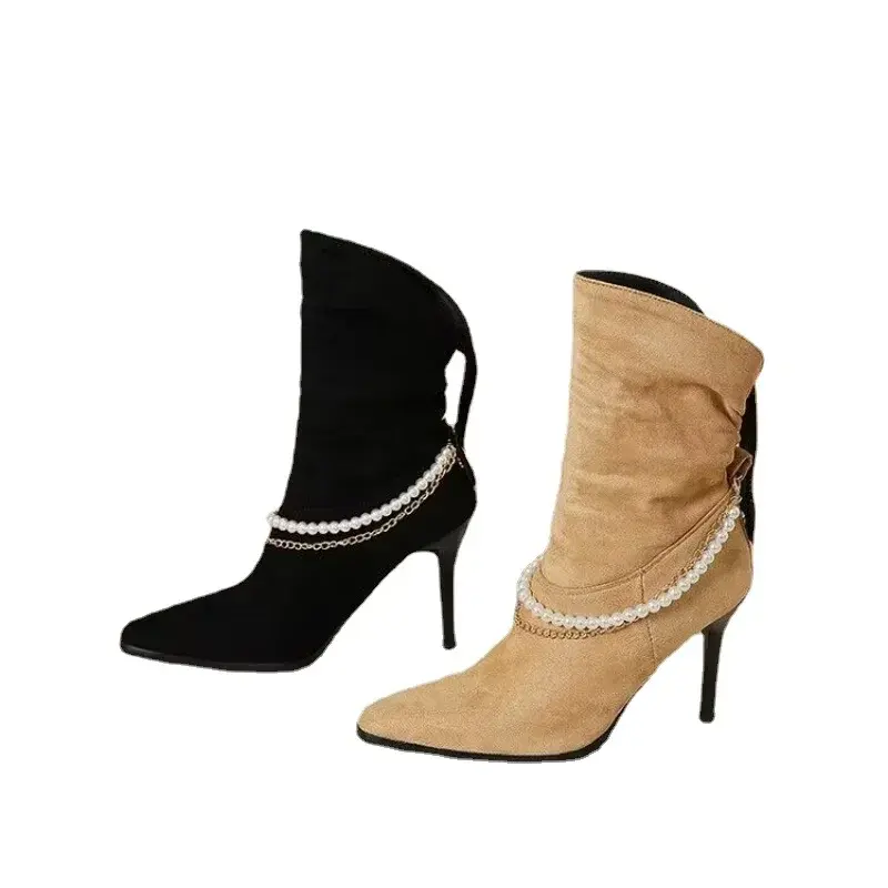 Women Pointed Toe Chelsea Boots Luxury Pearl Chain High Heels Shoes Winter New Designer Sexy Pumps Suede Goth Botas Zapatos