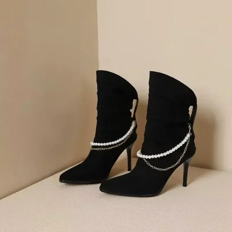 Women Pointed Toe Chelsea Boots Luxury Pearl Chain High Heels Shoes Winter New Designer Sexy Pumps Suede Goth Botas Zapatos