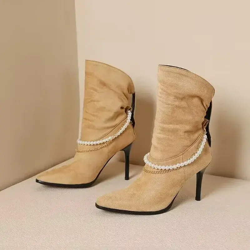 Women Pointed Toe Chelsea Boots Luxury Pearl Chain High Heels Shoes Winter New Designer Sexy Pumps Suede Goth Botas Zapatos