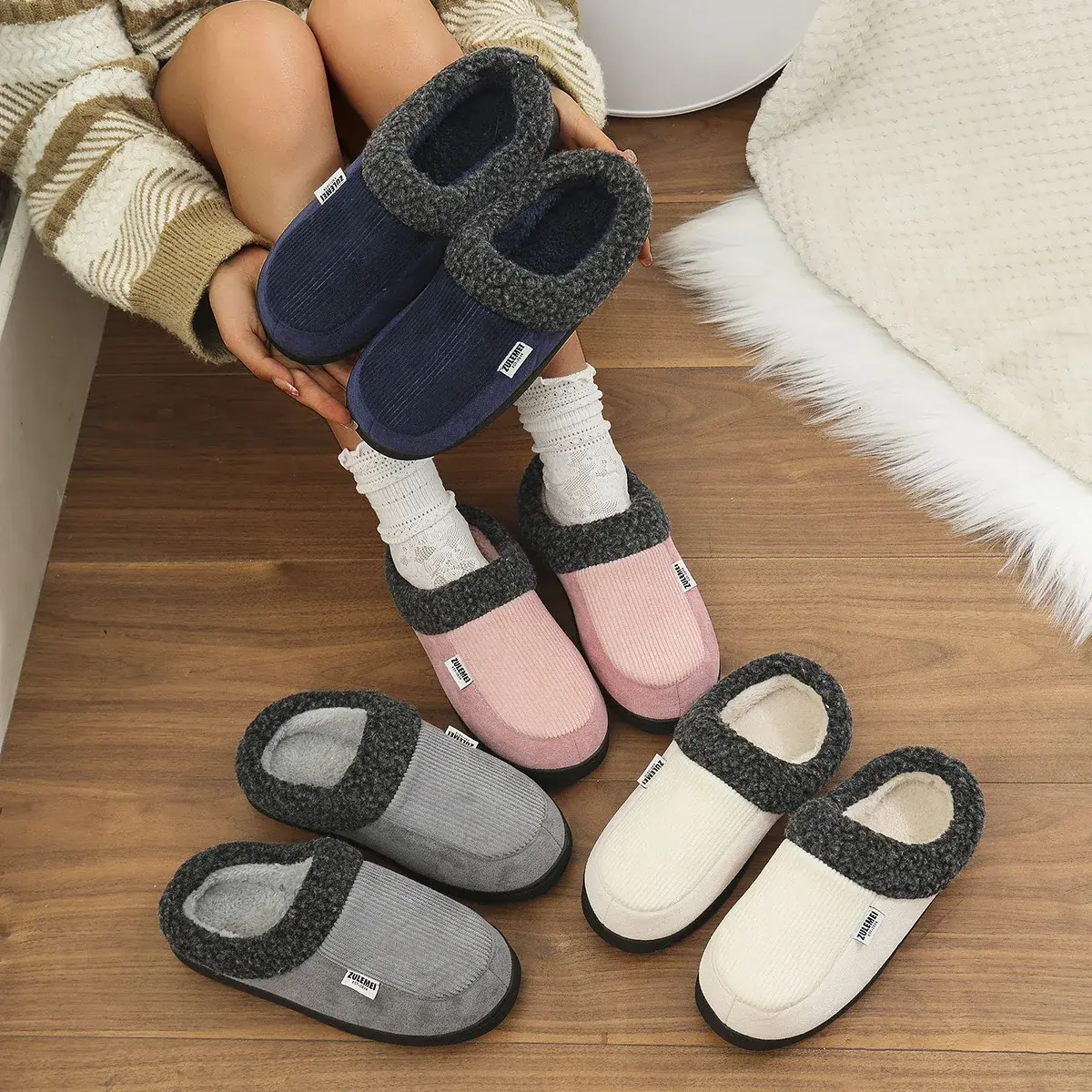 Women Fashion Faux Fur Slippers Winter Closed Toe Soft Sole Cotton Slides Woman Cozy Warm Fluffy Plush Flat Cotton Warm Slippers