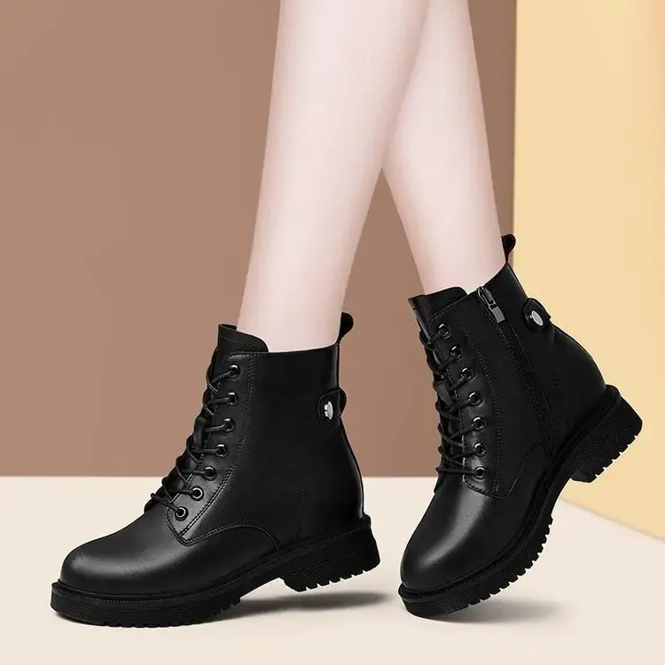 Minimalist Lace-up  Women Boots  Chunky Heel Platform Women Boots British Style Thick Sole Increase Height Casual Boots 2025