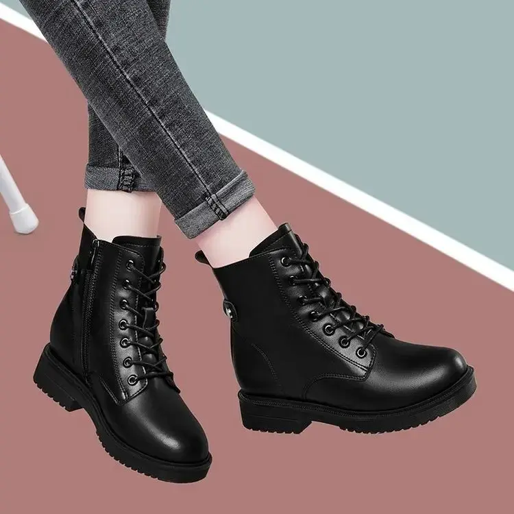 Minimalist Lace-up  Women Boots  Chunky Heel Platform Women Boots British Style Thick Sole Increase Height Casual Boots 2025