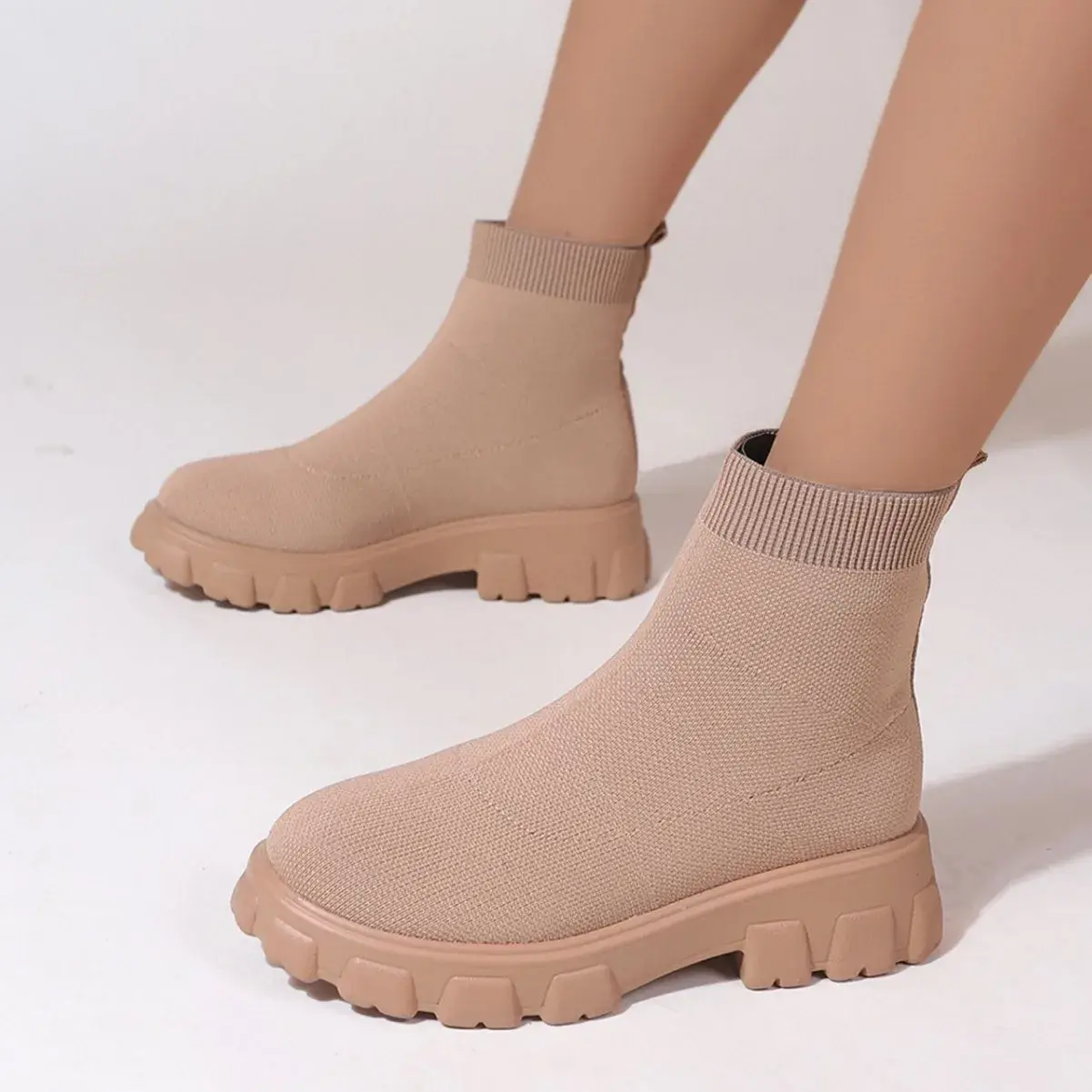 Brand Women Ankle Boots Lightweight Casual Shoes for Women Wedge Fashion Sock Boots Knitting Winter Medium Tube Platform Boot
