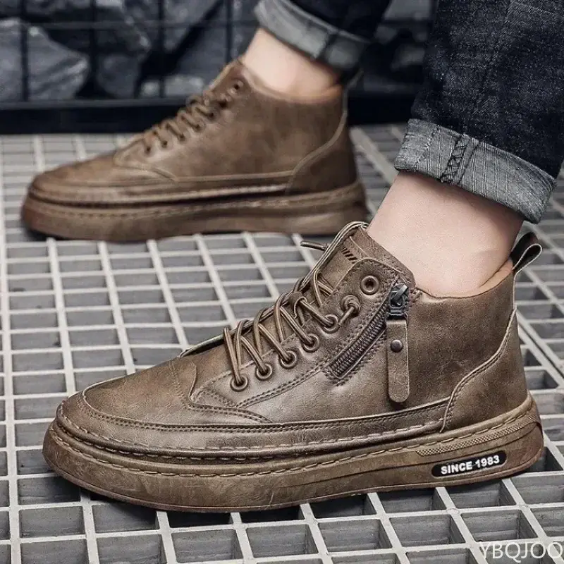 Mens Ankle Boots High Top Leather Men Shoes Retro Work Male Boots Fur Warm Winter Boots Zipper Shoes for Men Botas Para Hombre
