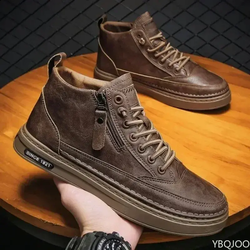 Mens Ankle Boots High Top Leather Men Shoes Retro Work Male Boots Fur Warm Winter Boots Zipper Shoes for Men Botas Para Hombre
