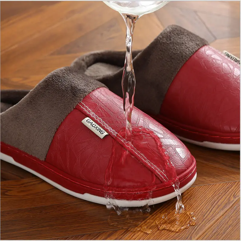 Men's slippers Home Winter Indoor Warm Shoes Thick Bottom Plush Waterproof Leather House slippers man Cotton shoes 2023 New