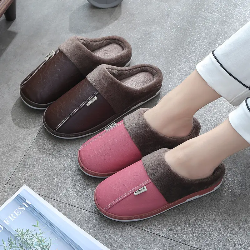 Men's slippers Home Winter Indoor Warm Shoes Thick Bottom Plush Waterproof Leather House slippers man Cotton shoes 2023 New