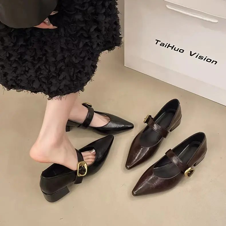 Designer Vintage Pointed Toe Women Mary Jane Shoes Fashion Shallow Buckle Shoes Spring Ladies Elegant Dress Thick Heel Shoes