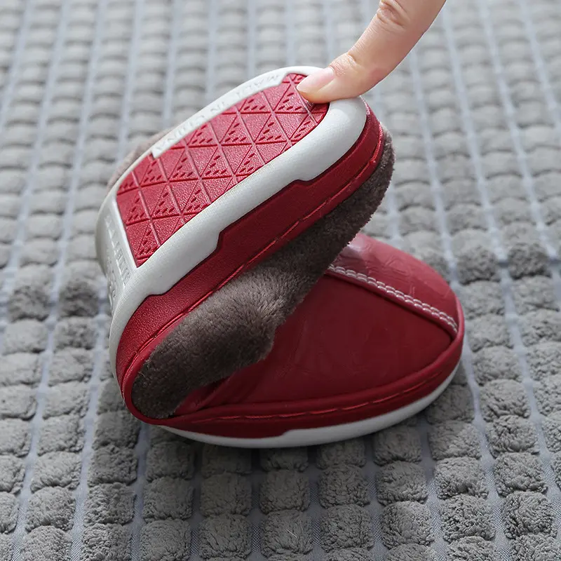 Men's slippers Home Winter Indoor Warm Shoes Thick Bottom Plush Waterproof Leather House slippers man Cotton shoes 2023 New