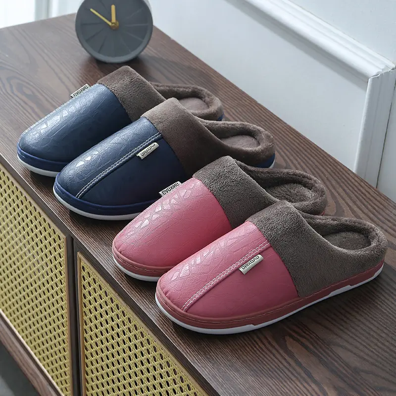 Men's slippers Home Winter Indoor Warm Shoes Thick Bottom Plush Waterproof Leather House slippers man Cotton shoes 2023 New