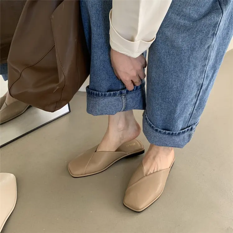 Women Mules  Summer Elegant Square Closed Toe Flat Slippers Female Shoes Casual Leather Black White Slides Plus Size 35-43