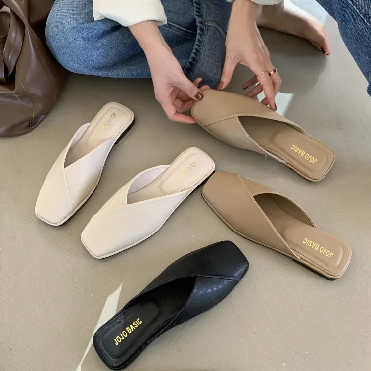 Women Mules  Summer Elegant Square Closed Toe Flat Slippers Female Shoes Casual Leather Black White Slides Plus Size 35-43