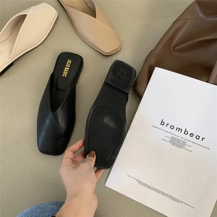 Women Mules  Summer Elegant Square Closed Toe Flat Slippers Female Shoes Casual Leather Black White Slides Plus Size 35-43