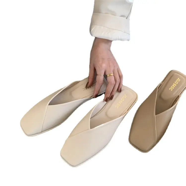 Women Mules  Summer Elegant Square Closed Toe Flat Slippers Female Shoes Casual Leather Black White Slides Plus Size 35-43