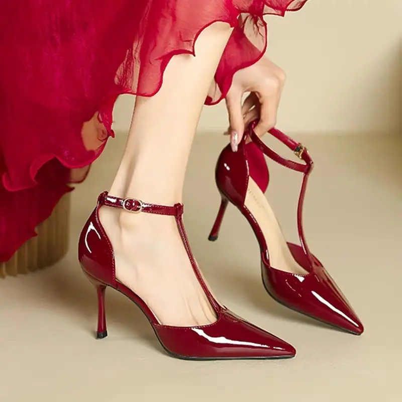 Red High Heels Women Shoes Hollow Pointed Toe Pumps Fashion T-type Ankle Buckle Strap Ladies 2025 New Sexy Party Dress Shoes