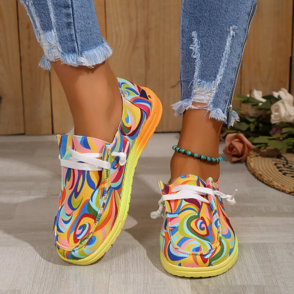 2025Women Ethnic Rainbow Canvas Shoes Autumn New Casual Daily Ladies Flat Shoes Round Toe Multi-Color Print Lace-up Sneakers