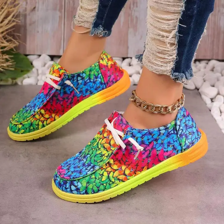 2025Women Ethnic Rainbow Canvas Shoes Autumn New Casual Daily Ladies Flat Shoes Round Toe Multi-Color Print Lace-up Sneakers