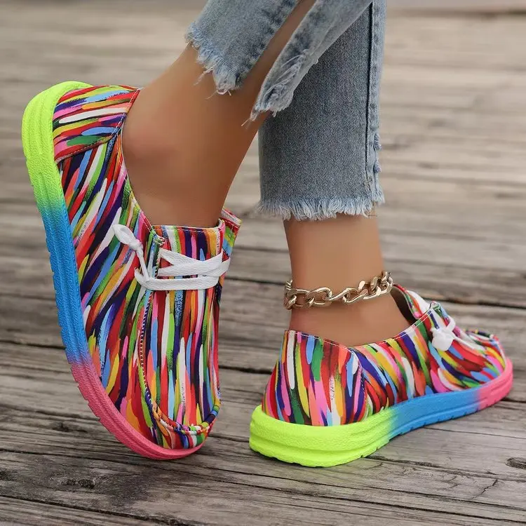 2025Women Ethnic Rainbow Canvas Shoes Autumn New Casual Daily Ladies Flat Shoes Round Toe Multi-Color Print Lace-up Sneakers