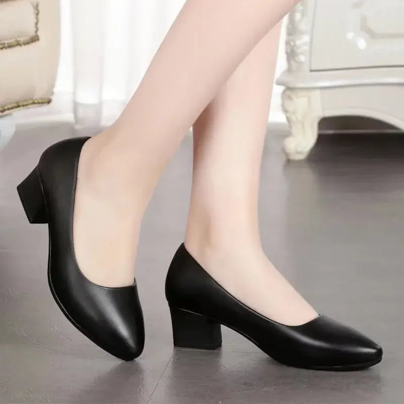 Soft PU Leather Pumps Women Basic Spring Square High Heels Office Career Comfortable Shoes Plus Size For Lady