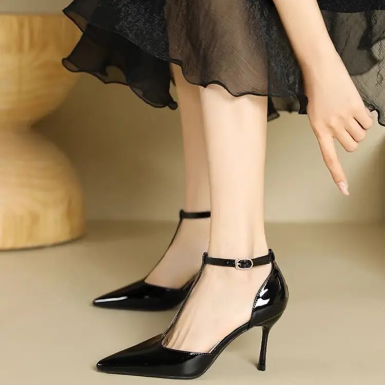 Red High Heels Women Shoes Hollow Pointed Toe Pumps Fashion T-type Ankle Buckle Strap Ladies 2025 New Sexy Party Dress Shoes