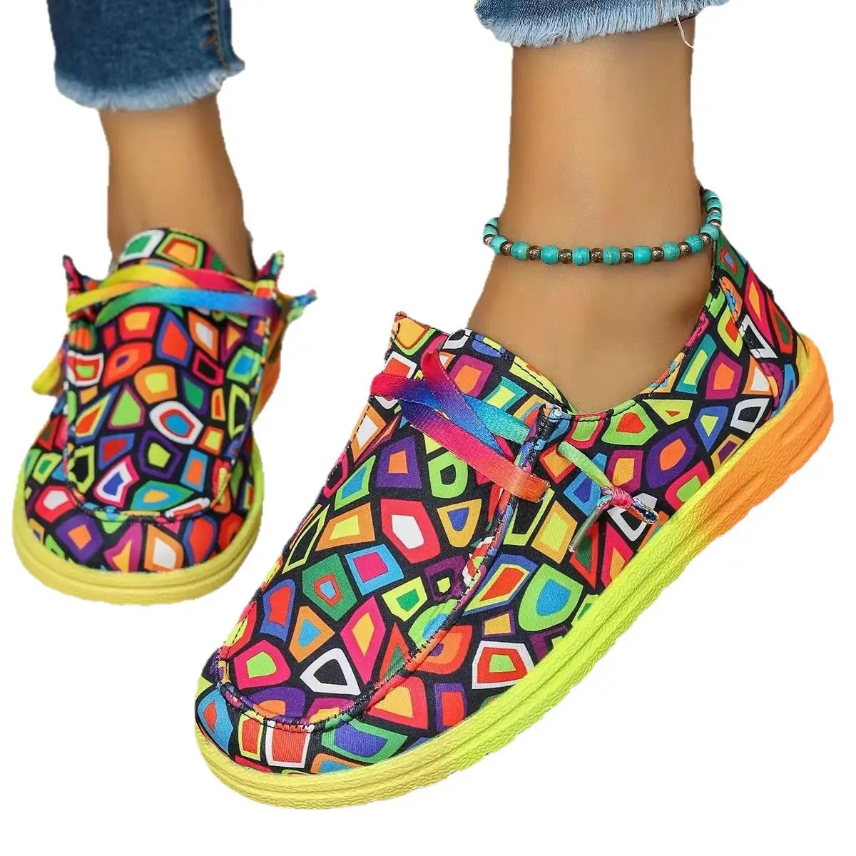 2025Women Ethnic Rainbow Canvas Shoes Autumn New Casual Daily Ladies Flat Shoes Round Toe Multi-Color Print Lace-up Sneakers