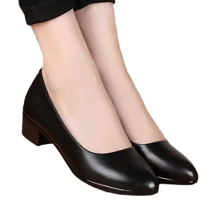 Soft PU Leather Pumps Women Basic Spring Square High Heels Office Career Comfortable Shoes Plus Size For Lady