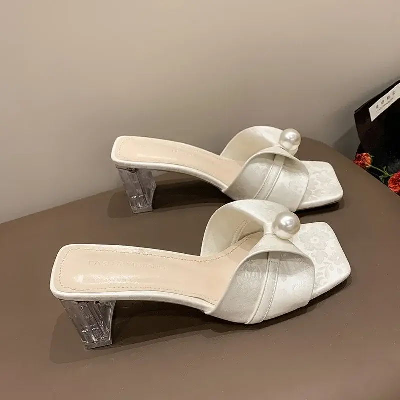 Pearl Square Toe Super High Heels Women Sandals String Bead Solid Color Slip on New Fashion Slipper Western Casual Female Shoes