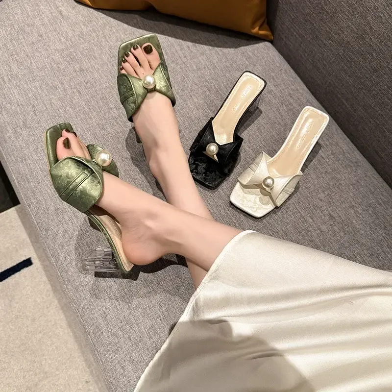 Pearl Square Toe Super High Heels Women Sandals String Bead Solid Color Slip on New Fashion Slipper Western Casual Female Shoes
