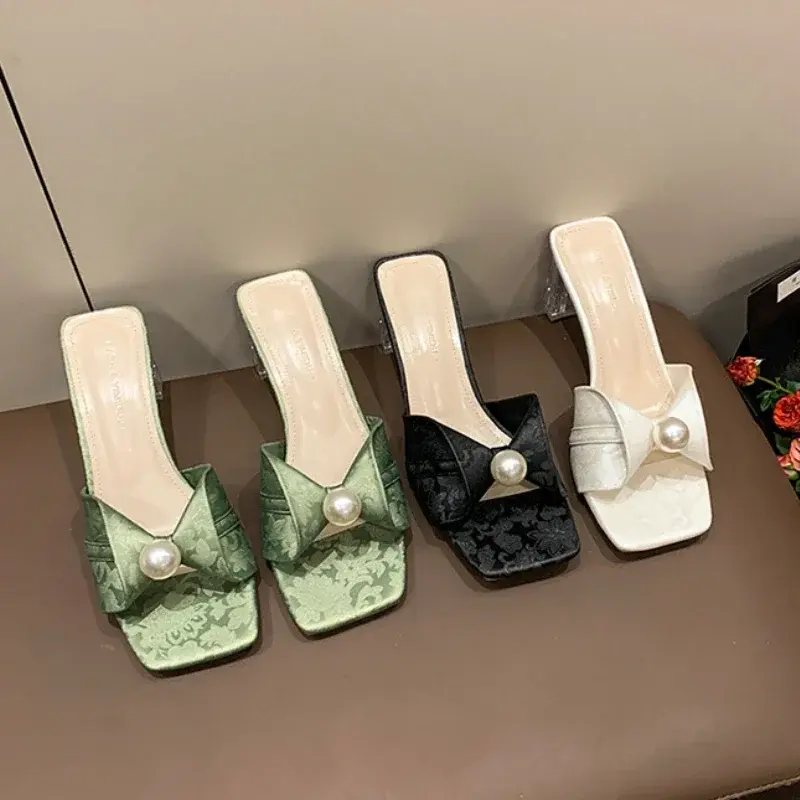 Pearl Square Toe Super High Heels Women Sandals String Bead Solid Color Slip on New Fashion Slipper Western Casual Female Shoes