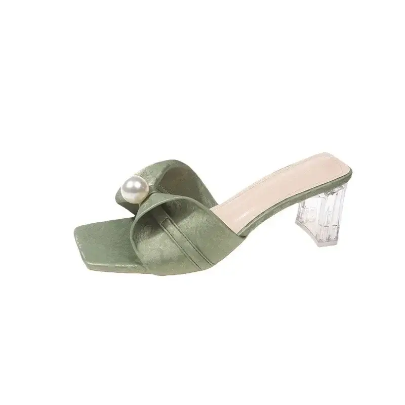Pearl Square Toe Super High Heels Women Sandals String Bead Solid Color Slip on New Fashion Slipper Western Casual Female Shoes