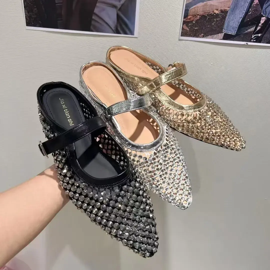 Women Slippers  New Rhinestone Leisure Slipper Retro Pointed Toe Metal Buckle Fashion Half Slipper Sandalias De Mujer