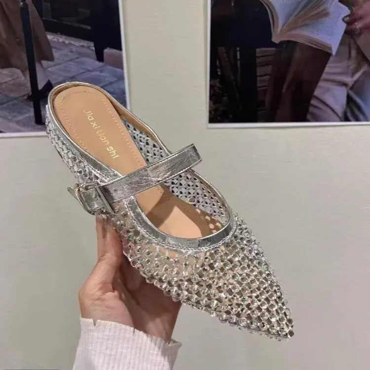 Women Slippers  New Rhinestone Leisure Slipper Retro Pointed Toe Metal Buckle Fashion Half Slipper Sandalias De Mujer