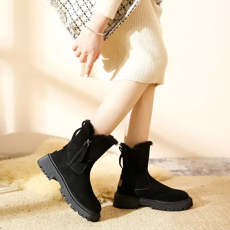 Vintage Thick Soled Warm Pu Leather Ankle Boots for Women Winter Fashion Non Slip Boot Woman Platform Plush Lace Up Cotton Shoes