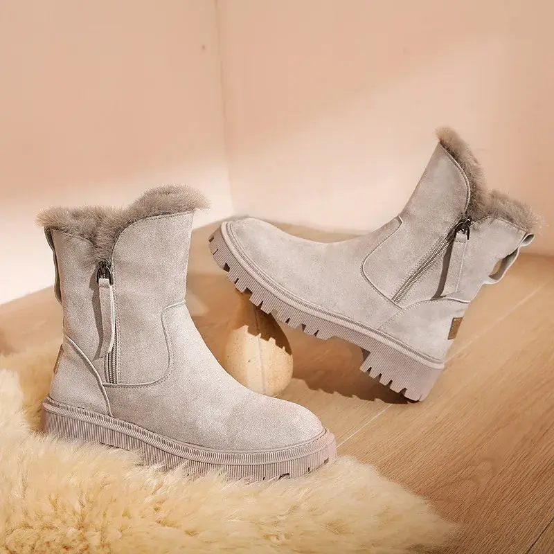 Vintage Thick Soled Warm Pu Leather Ankle Boots for Women Winter Fashion Non Slip Boot Woman Platform Plush Lace Up Cotton Shoes