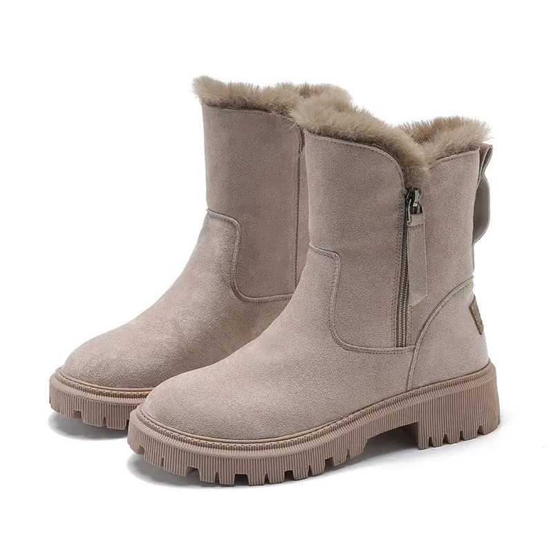 Vintage Thick Soled Warm Pu Leather Ankle Boots for Women Winter Fashion Non Slip Boot Woman Platform Plush Lace Up Cotton Shoes