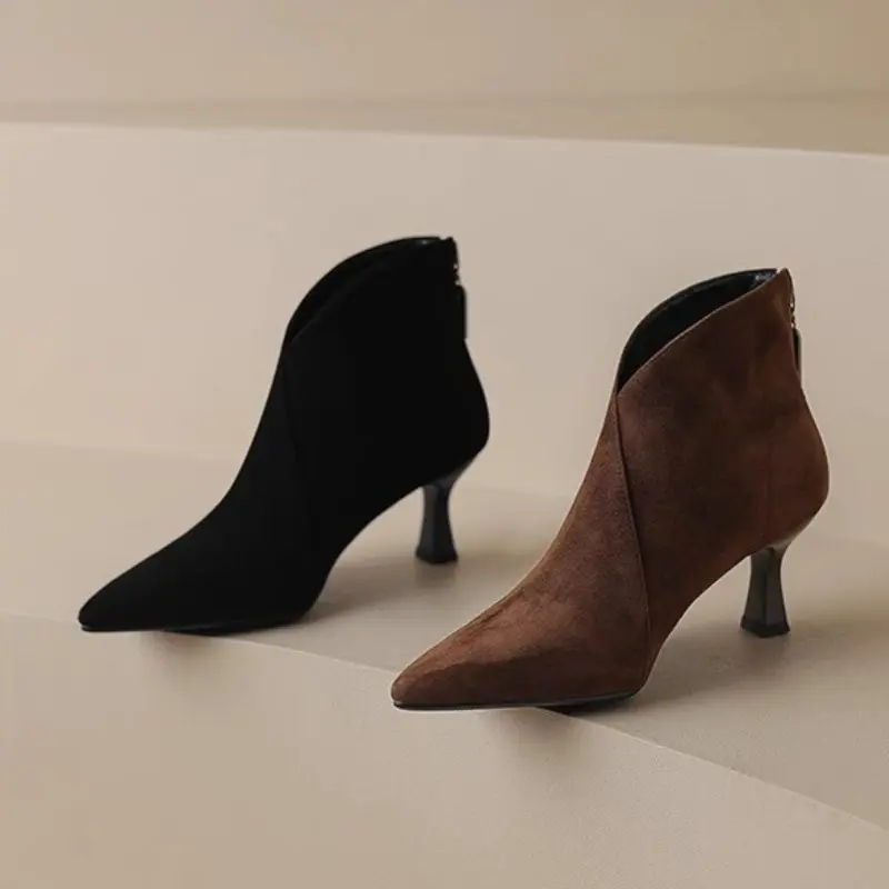 2025Vintage Pointed Toe Women Ankle Boots Fashion Elegant Back Zippers Short Booties Autumn Winter Ladies Concise High Heels