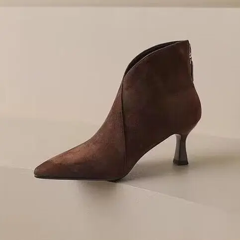2025Vintage Pointed Toe Women Ankle Boots Fashion Elegant Back Zippers Short Booties Autumn Winter Ladies Concise High Heels