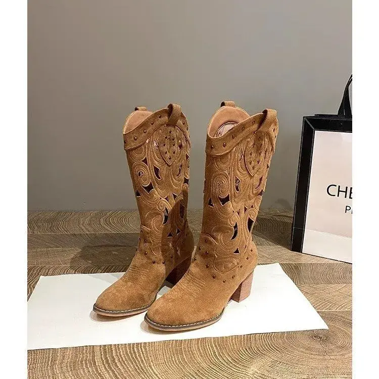 Hollow Embroidered Vintage Western Boots Women  Autumn Chunky Heels Knee High Cowboy Boots Woman Pu Leather Knight Booties